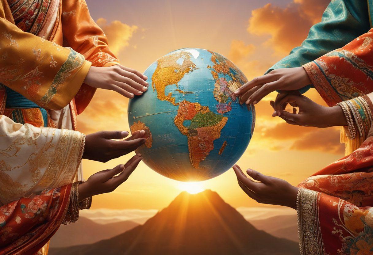 A vibrant collage showcasing people of various cultures holding hands around a globe, symbolizing unity and diversity. Include elements representing different traditions and colors flowing together, creating a harmonious atmosphere. In the background, a beautiful sun rises, symbolizing hope and connection. super-realistic. vibrant colors. 3D.